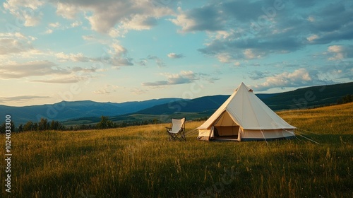 Luxury canvas tent set in a vast green meadow, offering a serene escape with panoramic mountain views at sunset