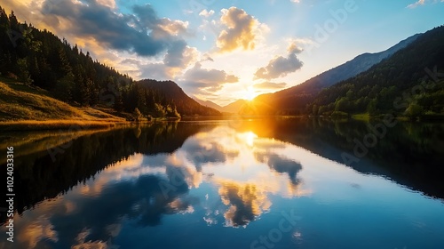 A serene and picturesque sunset scene over a calm still lake The sky is beautifully reflected on the water s surface creating a dreamlike and peaceful atmosphere