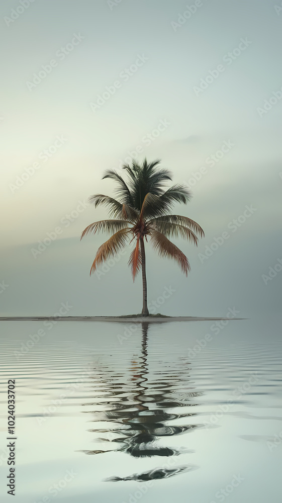 Lonely palm tree reflected in calm water at sunset, creating a serene tropical landscape with soft pastel colors. Lonely palm tree reflected in calm water at sunset, creating a serene tropical landscape with soft pastel colors.