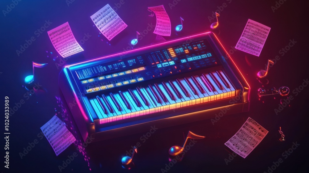 A vibrant synthesizer surrounded by musical notes and sheet music, showcasing creativity and sound. A vibrant synthesizer surrounded by musical notes and sheet music, showcasing creativity and sound.