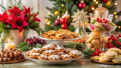 Holiday dessert table with tilted angle displaying cookies and flowers