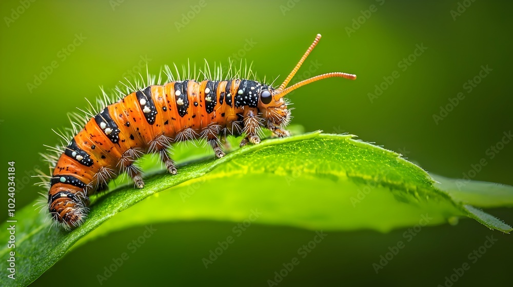Mesmerizing macro photograph showcasing the intricate details and captivating movement of a caterpillar crawling across a vibrant green leaf Mesmerizing macro photograph showcasing the intricate details and captivating movement of a caterpillar crawling across a vibrant green leaf