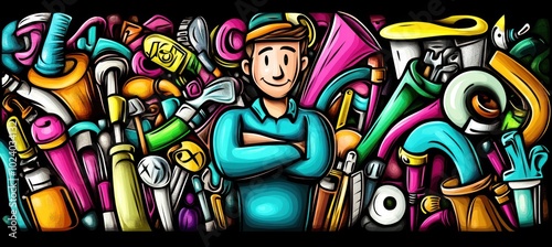 A cheerful character stands amidst a vibrant array of colorful pipes and tools.