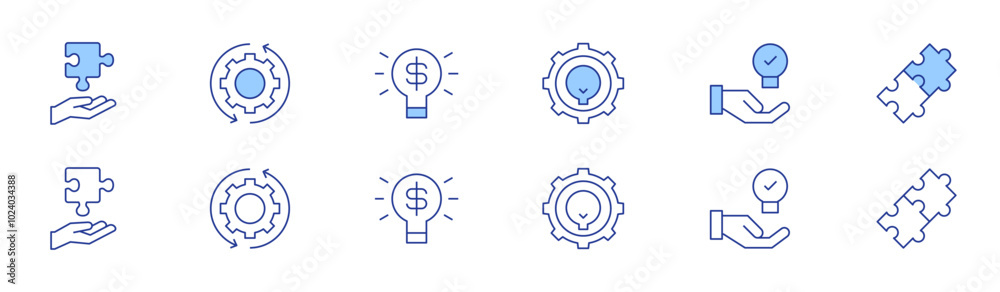 Solution icon set in two styles, Duotone and Thin Line style. Editable stroke. problem solving, settings, solution, solutions, idea, puzzle Solution icon set in two styles, Duotone and Thin Line style. Editable stroke. problem solving, settings, solution, solutions, idea, puzzle