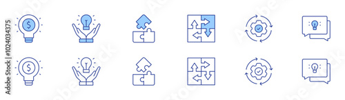 Solution icon set in two styles, Duotone and Thin Line style. Editable stroke. integrated, integration, idea, light bulb, provision