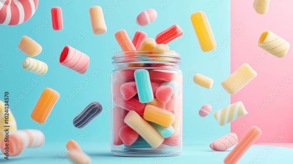 Colorful candies in a jar with some floating around, creating a playful and vibrant scene. Colorful candies in a jar with some floating around, creating a playful and vibrant scene.