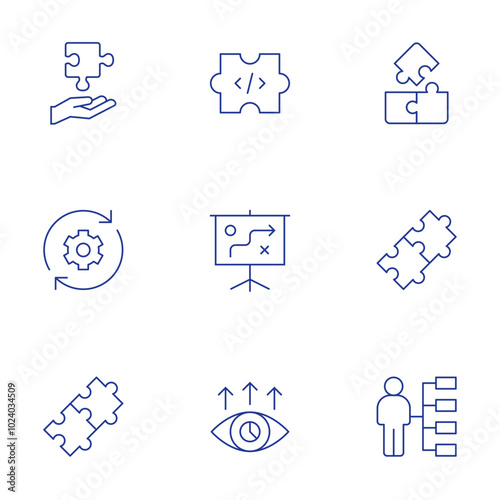 Solution icons set. Thin Line style, editable stroke. problem solving, programming, puzzle, solutions, strategy, skills, visionary, provision