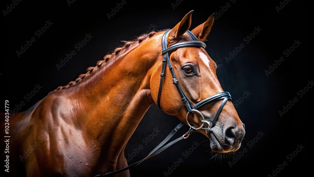 Obraz premium Holsteiner horse with bridle in symmetrical studio setting on black background