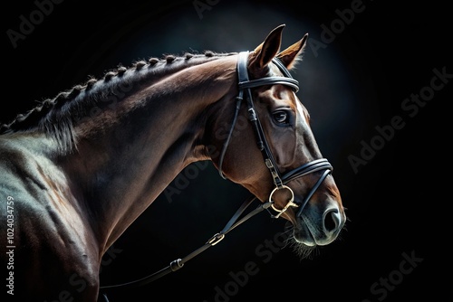 Holsteiner horse with bridle on black backdrop photo