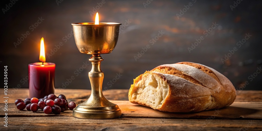 Holy communion scene with bread, wine, and candle on table Holy communion scene with bread, wine, and candle on table