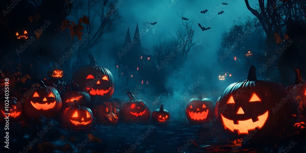 Spooky halloween illustration for kids carwed pumpkins and copy space in the middle Spooky halloween illustration for kids carwed pumpkins and copy space in the middle