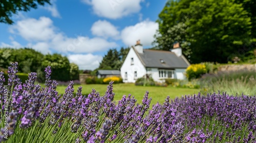 A scenic lavender field in full bloom with a charming countryside cottage nestled in the background creating a picturesque and serene rural landscape