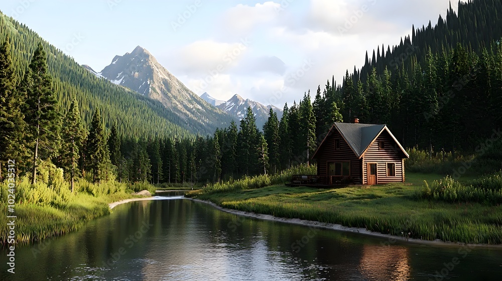 A tranquil mountain cabin surrounded by lush forests and a serene flowing river offering a picturesque and idyllic retreat from the hustle and bustle of everyday life