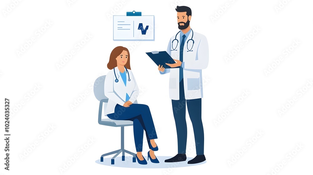 Doctor consulting with a patient reviewing a medical chart and discussing treatment options and a care plan ideal for imagery in healthcare and medical settings Front view of a professional Doctor consulting with a patient reviewing a medical chart and discussing treatment options and a care plan ideal for imagery in healthcare and medical settings Front view of a professional