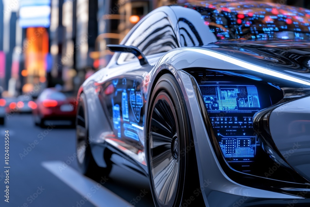 Hyper-realistic close-up of a self-driving car, showing every detail of the AI system, sensors, and dashboard as the car navigates through a busy city street Hyper-realistic close-up of a self-driving car, showing every detail of the AI system, sensors, and dashboard as the car navigates through a busy city street