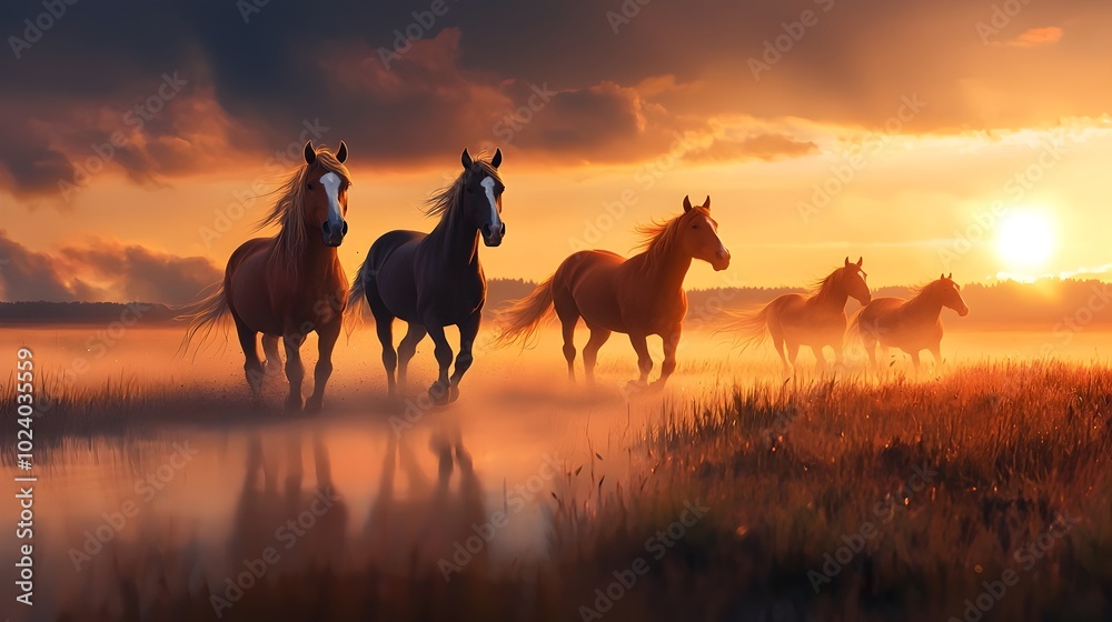 A herd of powerful majestic wild horses galloping across a lush grassy plain as the sun sets casting a warm golden glow over the serene natural landscape A herd of powerful majestic wild horses galloping across a lush grassy plain as the sun sets casting a warm golden glow over the serene natural landscape