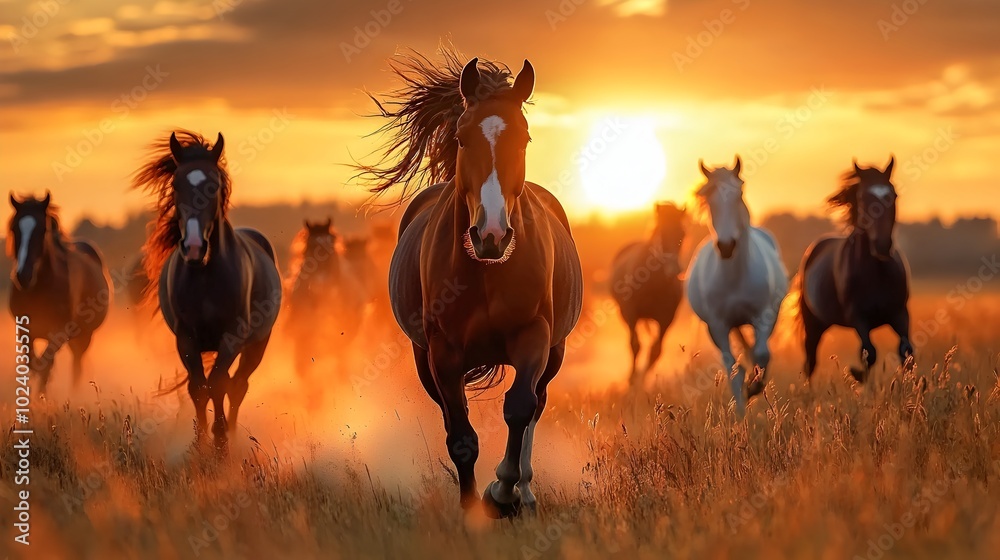 Stunning aerial view of a herd of wild horses freely galloping across a vast grassy plain at golden hour creating a serene and dynamic landscape scene at sunset Stunning aerial view of a herd of wild horses freely galloping across a vast grassy plain at golden hour creating a serene and dynamic landscape scene at sunset