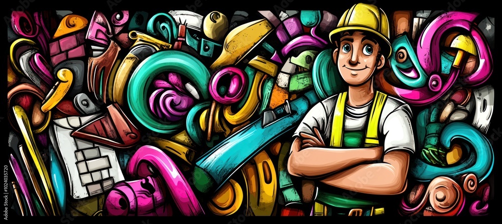 Obraz premium A cheerful worker stands amidst colorful, abstract shapes, symbolizing creativity and industry.