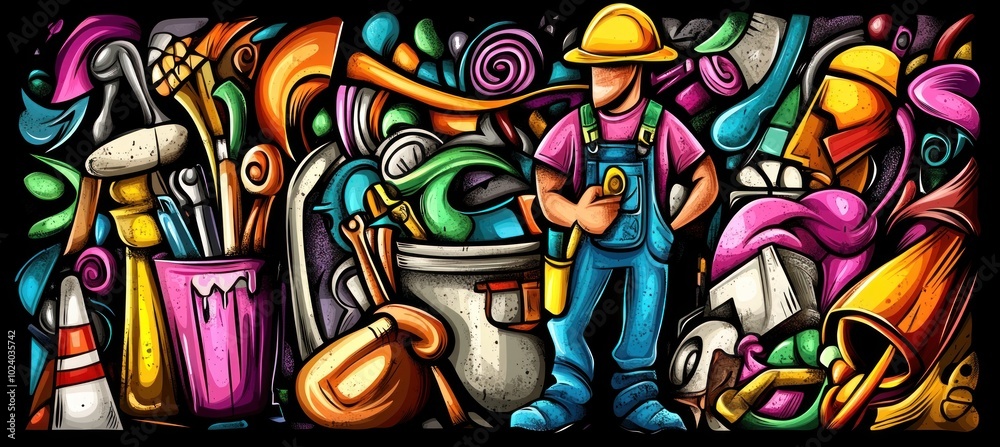 Fototapeta premium A colorful illustration featuring a worker surrounded by various tools and construction materials.
