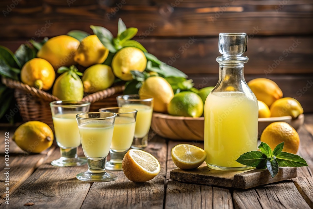 Homemade Limoncello with fresh lemons on wooden table Homemade Limoncello with fresh lemons on wooden table