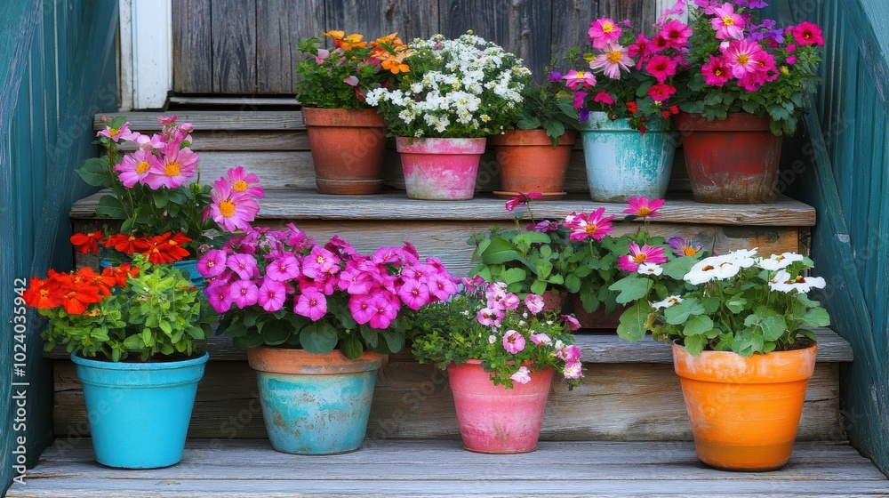 Fototapeta premium Vibrant potted flowers adorning rustic porch steps
