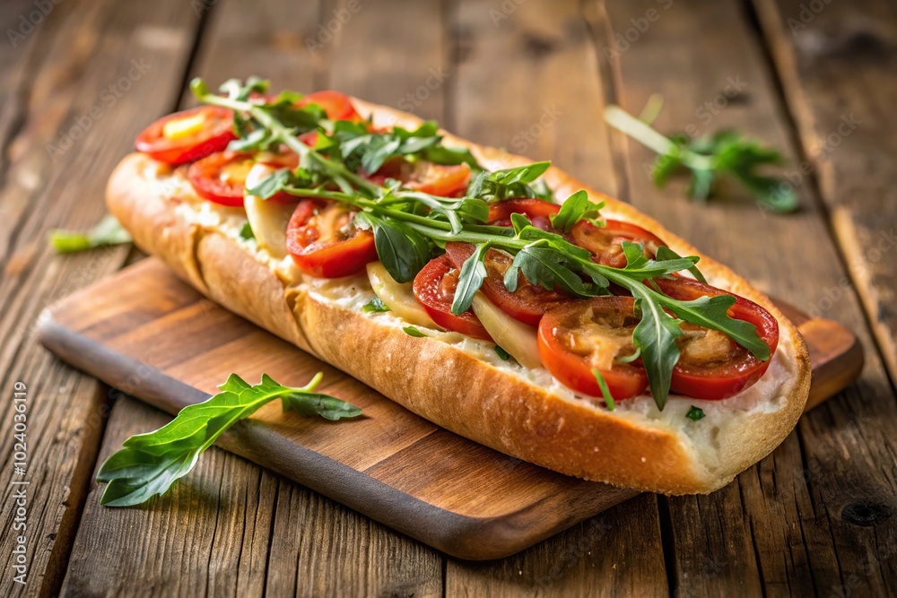 Homemade pizza on a baguette with cheese and arugula pizza on bread Italian sandwich Wooden table Depth of Field Homemade pizza on a baguette with cheese and arugula pizza on bread Italian sandwich Wooden table Depth of Field