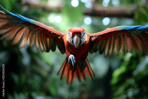 Colorful parrot in mid-flight, vibrant feathers photo