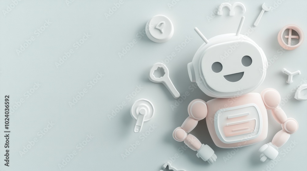 A cheerful robot surrounded by various tools, suggesting creativity and innovation. A cheerful robot surrounded by various tools, suggesting creativity and innovation.