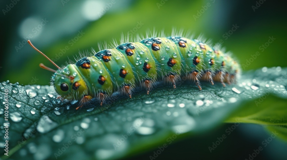 A close-up of a green caterpillar with black and orange spots on a leaf covered in water droplets. A close-up of a green caterpillar with black and orange spots on a leaf covered in water droplets.