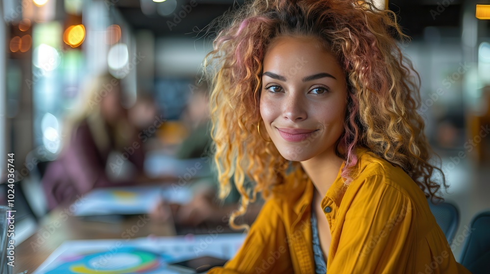 Smiling Woman with Curly Hair in a Café Setting Smiling Woman with Curly Hair in a Café Setting