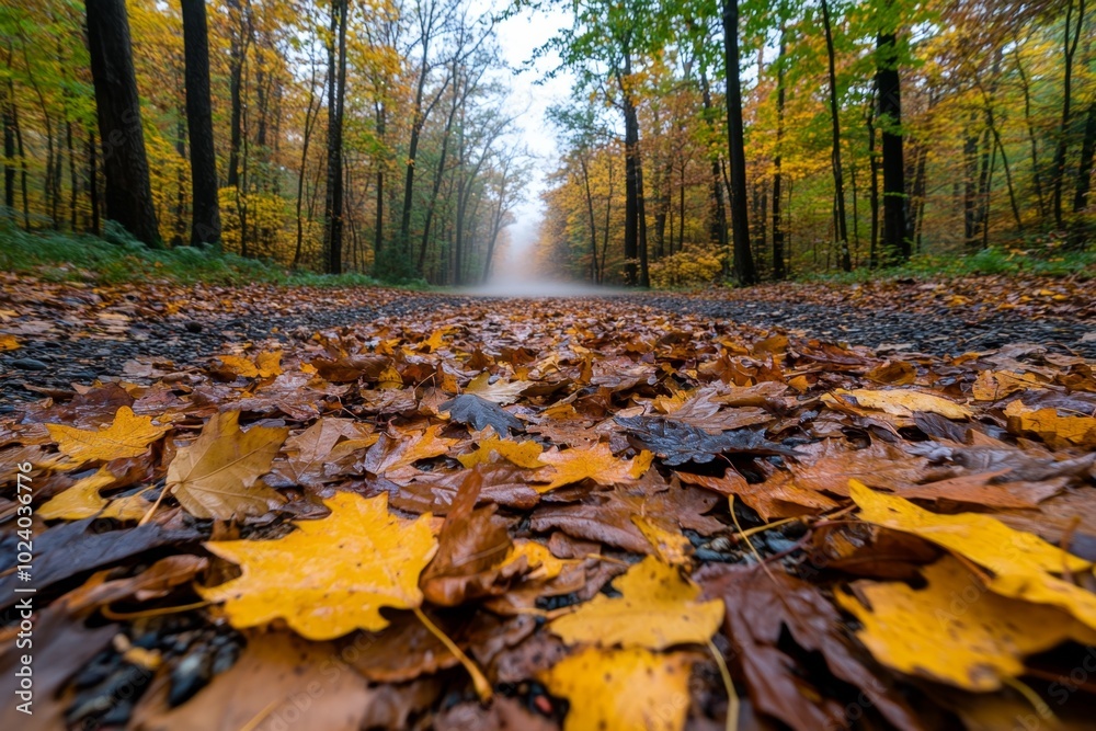 Misty autumn morning in a forest, with leaves in gold, orange, and deep brown colors, and the mist creating a soft backdrop Misty autumn morning in a forest, with leaves in gold, orange, and deep brown colors, and the mist creating a soft backdrop