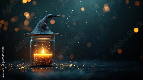 A mystical candle in a glass jar with a witch hat, surrounded by shimmering particles and a dark background.