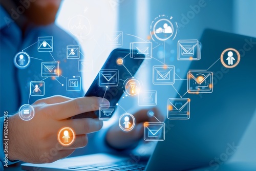 A person interacts with mobile technology, surrounded by various digital icons representing communication, data sharing, and virtual networking in modern business style.