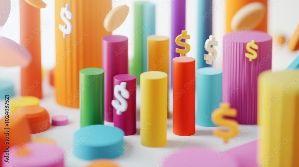 Colorful abstract representation of financial growth with dollar signs and cylindrical shapes. Colorful abstract representation of financial growth with dollar signs and cylindrical shapes.