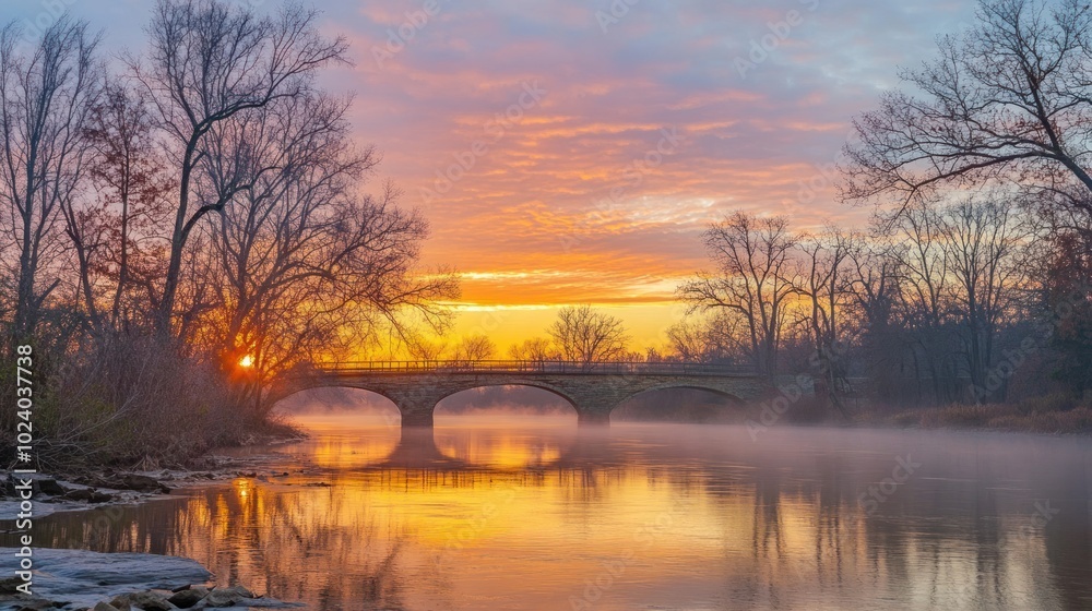 Obraz premium A serene sunrise over a river, with a bridge and misty reflections in the water.