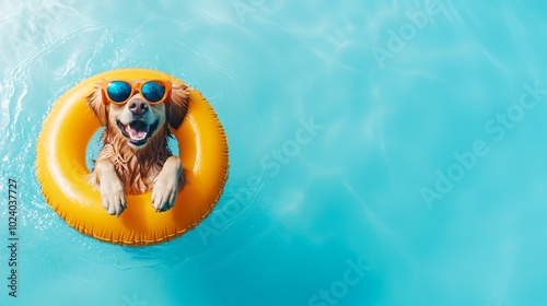 Happy Dog Wearing Sunglasses Floats in Pool with Inflatable Ring