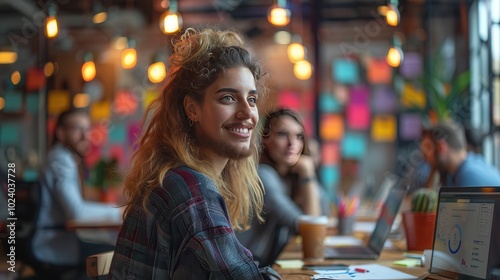 Young Woman Smiling in Vibrant Workspace Environment