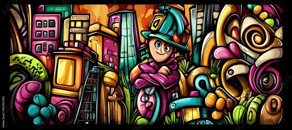 A vibrant, cartoonish cityscape featuring a character in a fireman's hat amidst whimsical elements. A vibrant, cartoonish cityscape featuring a character in a fireman's hat amidst whimsical elements.