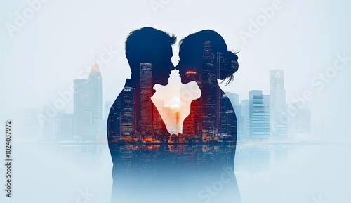 A romantic silhouette of a couple facing each other, overlaid with a vibrant city skyline creating a double exposure effect, symbolizing connection and urban life.