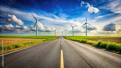 Horizontal road leading to wind turbines with wide angle perspective
