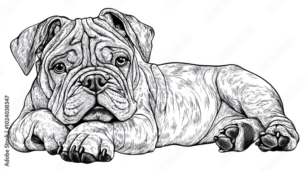 A detailed illustration of a relaxed bulldog lying down. A detailed illustration of a relaxed bulldog lying down.