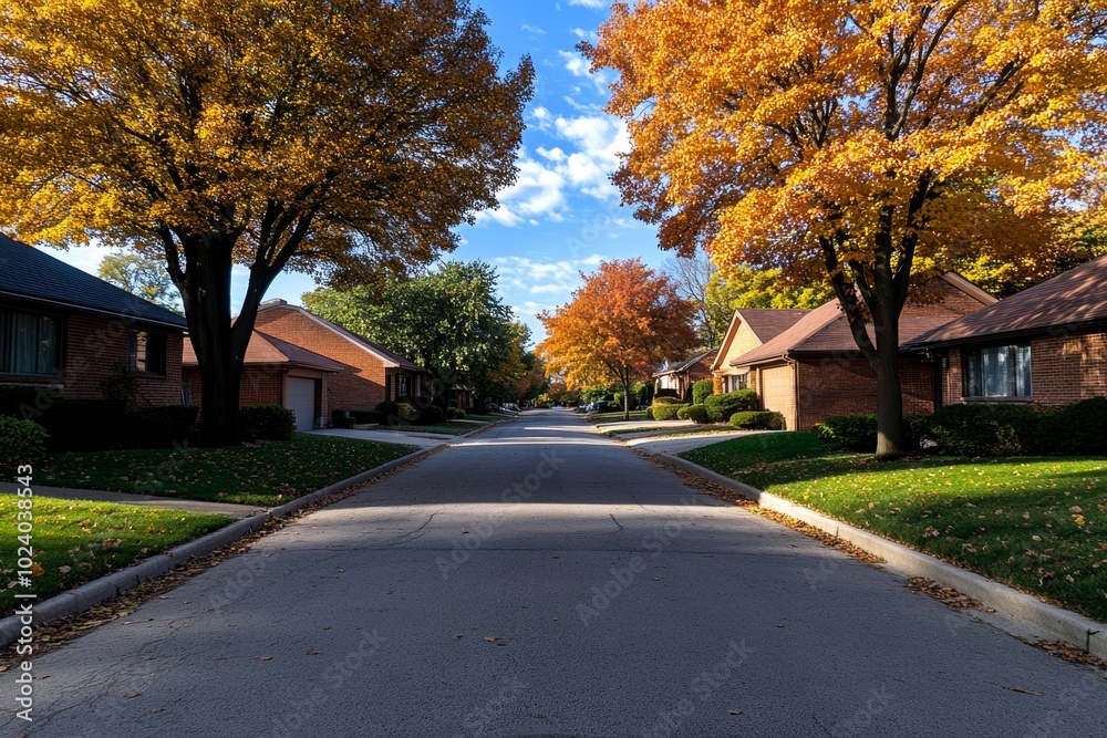 Quiet autumn street with houses framed by trees in copper, burnt orange, and golden yellow, creating a peaceful neighborhood scene Quiet autumn street with houses framed by trees in copper, burnt orange, and golden yellow, creating a peaceful neighborhood scene