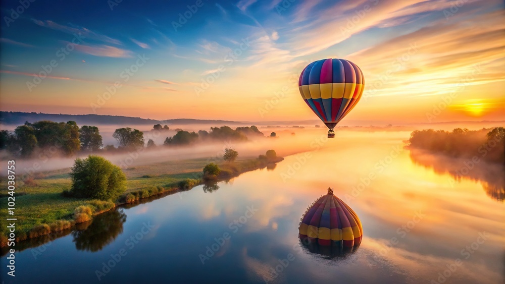 Obraz premium Hot air balloon flying over river at sunrise in minimalist style