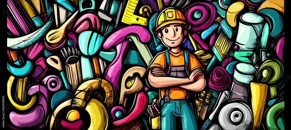 Fototapeta premium A cheerful worker stands confidently amidst a colorful array of tools and materials.