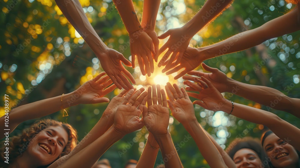 Fototapeta premium Unity in Nature: Hands Gathered Around Sunlight