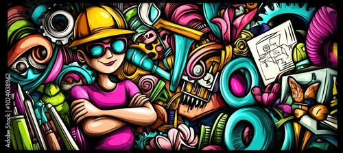 A vibrant illustration featuring a confident character surrounded by colorful tools and designs.