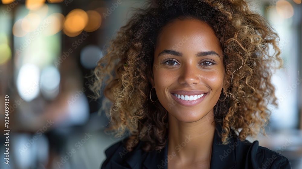 Joyful woman with curly hair in a bright setting Joyful woman with curly hair in a bright setting