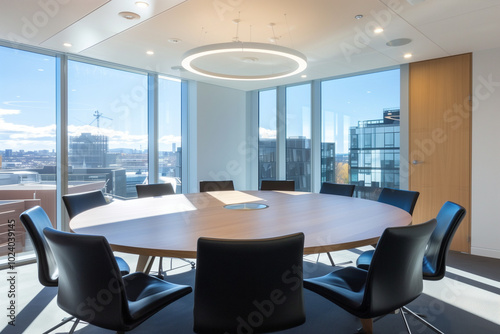 Corporate Meeting Room with a Round Wooden Table and Modern Office Chairs