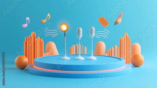 A vibrant stage scene featuring microphones and musical elements for a performance theme.