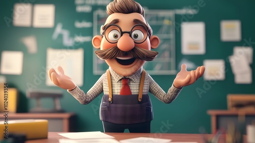 Cheerful cartoon teacher with a mustache and glasses in a classroom.